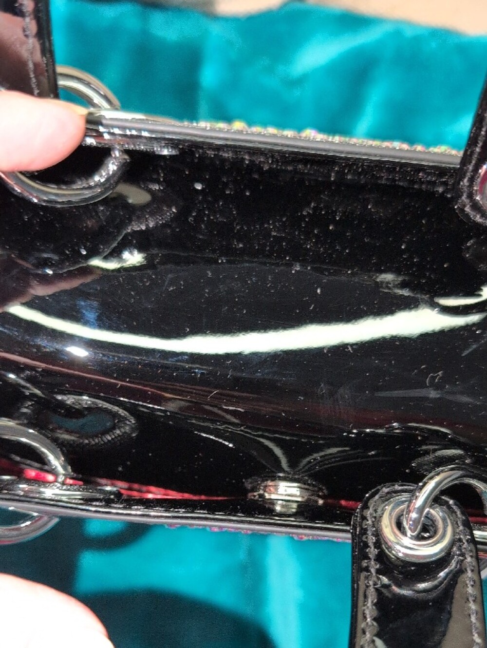 Crystal-Embellished Black Patent Mini Tote  With Crossbody Strap - Picture 3 of 16